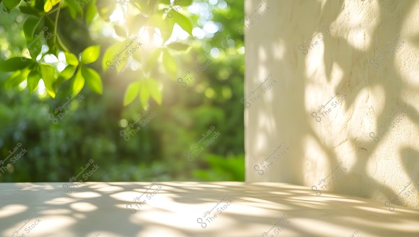 Image of green tree branches backlit by sunlight, creating shadows on a concrete surface or wall. The background is blurred, highlighting the green leaves and the glow of the golden light.