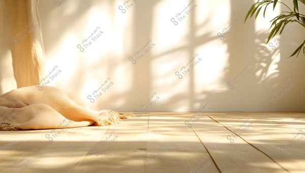 An image showing a sunlit room with shadows cast on a white wall. A soft beige throw is casually draped on a light wooden floor. There are plant leaves visible on the right side of the frame.