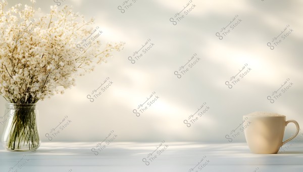 The image shows a clear vase filled with small white flowers on the left side, and a beige cup with a frothy hot drink on the right side. The background is simple with soft shadows, creating a calm and soothing atmosphere.