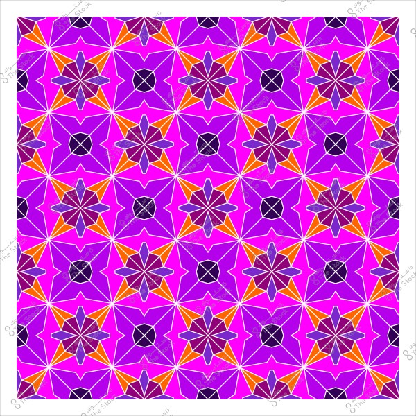 صورة لنمط هندسي متماثل بألوان زاهية تتوسطه نجوم برتقالية بنفسجية مع خلفية وردية وتصميمات متشابكة باللون الأبيض.

-