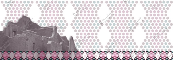 Image of a traditional old mud building in the foreground, characteristic of Arabian or Gulf architecture, possibly in Saudi Arabia, with uneven roofs and small windows. The background features a pattern of dots in pink, blue, and gray arranged symmetrically.