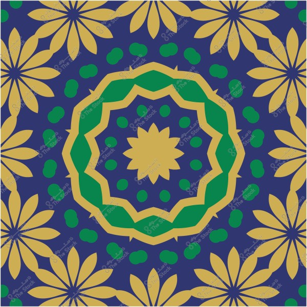 نمط زخرفي بأشكال هندسية مستوحاة من الفن الإسلامي بألوان الأزرق والأصفر والأخضر.