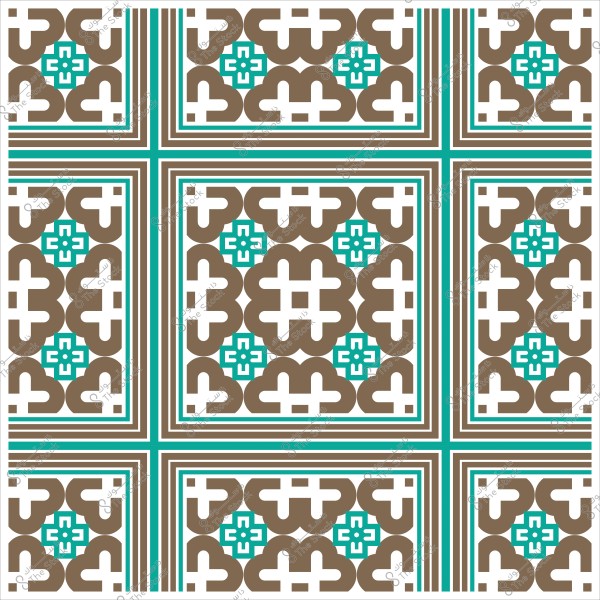 تصميم هندسي مزخرف بخطوط متقاطعة وأشكال نباتية بلوني بني وأزرق.