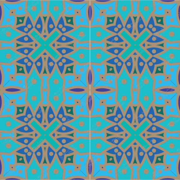 تصميم زخرفي هندسي بألوان زرقاء وبيج وخضراء بأشكال متناظرة ومعقدة.