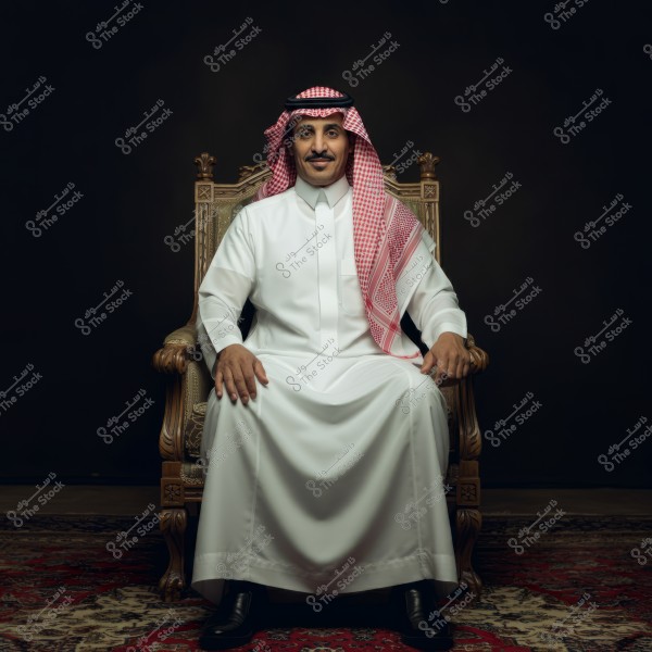 A portrait of a man sitting on an ornate chair. He is wearing traditional Saudi attire, including a white thobe and a red and white checkered shemagh. The background is dark and the carpet has intricate patterns.