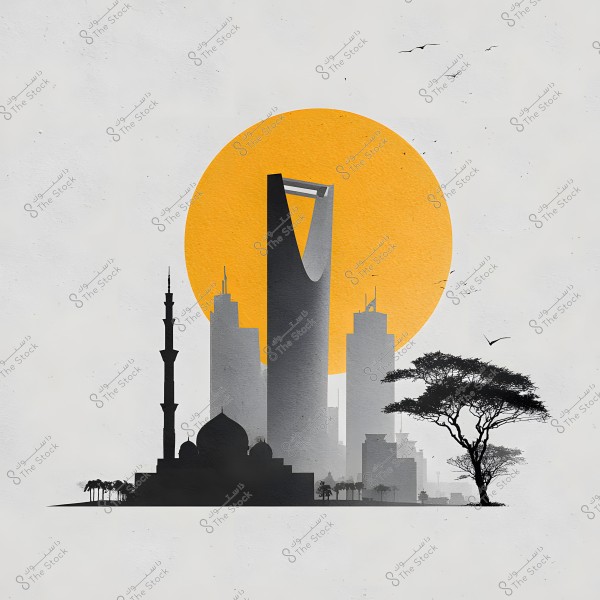 صورة فنية لمدينة الرياض, تظهر معالم بارزة مثل برج المملكة ومسجد بأسلوب ظل أمام شمس برتقالية كبيرة في الخلفية. يظهر في الجانب الأيمن شجرة وعصافير تطير في السماء.