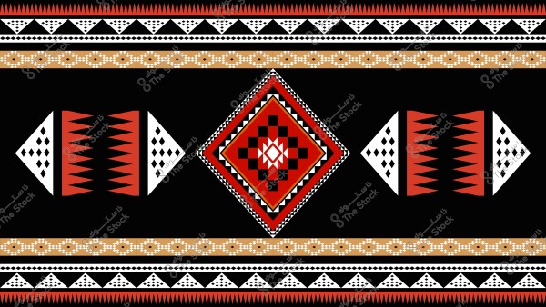 تصميم زخرفي تقليدي يتميز بألوان الأسود والأحمر والبرتقالي والأبيض. يتوسطه شكل مركزي ماسي مزخرف بأشكال هندسية متداخلة, في حين تحيط به عناصر هندسية مثلثية ودائرية. تظهر الأنماط المتكررة والاختلافات في الألوان لتعزيز الطابع الثقافي والتراثي للتصميم.