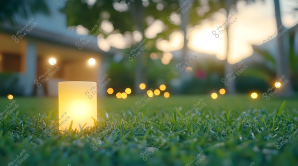 The image shows a lit candle placed on green grass in a garden, with soft lighting and a building in the background. There are also other faint lights in the background, creating a calm and soothing atmosphere.