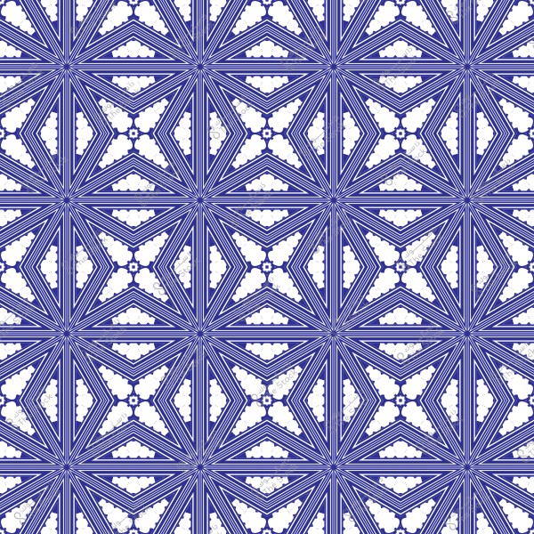 نمط هندسي مكرر يتكون من أشكال نجمية بلون أزرق مع تفاصيل بيضاء. التصميم متناسق ويتميز بخطوط متقاطعة تشكل نجومًا متعددة الجوانب بتفاصيل متماثلة في جميع أنحاء الصورة.