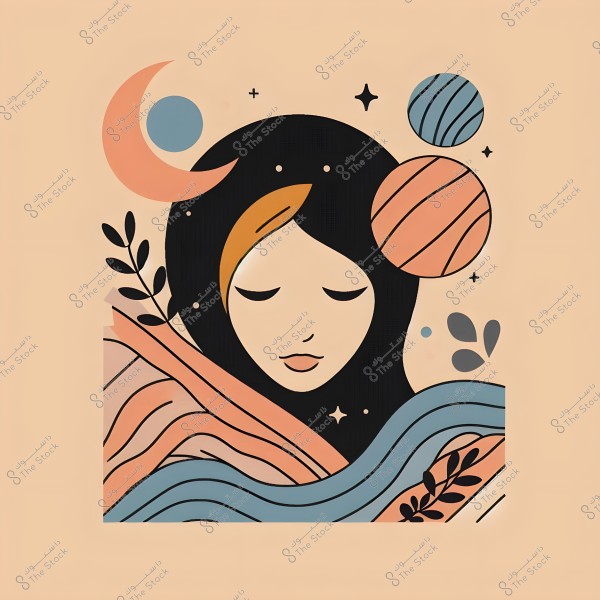 An illustrative image showing a woman\'s face in an artistic style with closed eyes. The background includes cosmic elements like a crescent moon, stars, and circular shapes in pink, blue, and orange. Surrounding the face are details of natural elements like branches.