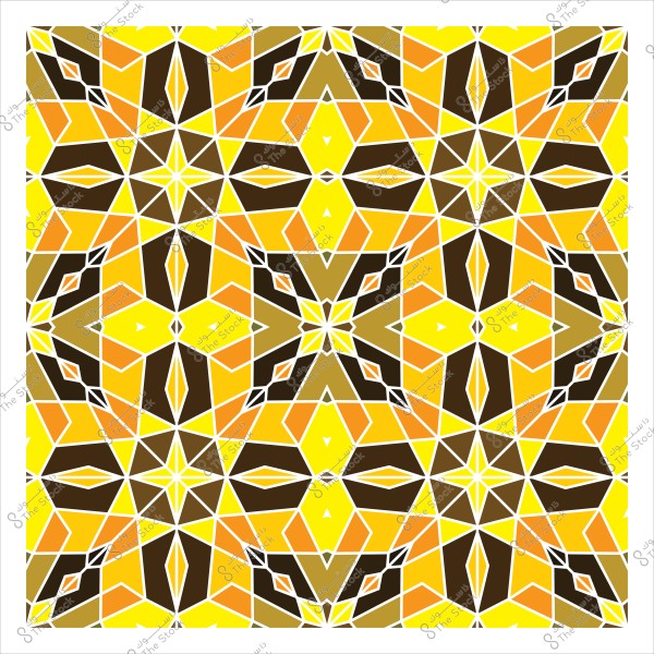 تصميم هندسي ملون يتميز بألوان صفراء وبرتقالية وبنية, مع تكرار لأشكال هندسية متناسقة مثل المثلثات والماس في نمط متناظر يشبه الفسيفساء.

-