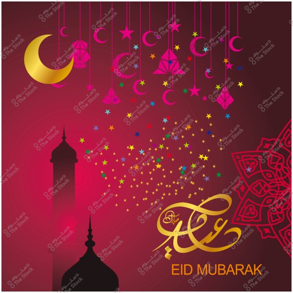 تصميم عيد مبارك يحتوي على زخارف إسلامية وهلال ونجوم وفوانيس مع عبارة \"عيد مبارك\" بالخط العربي.
