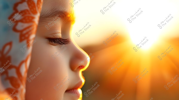 Close-up side profile of a young child with closed eyes, bathed in the golden light of a setting sun. The child is wearing a patterned scarf with orange and white colors, covering part of the head. The warm, soft lighting accentuates the child\'s delicate features, conveying a sense of tranquility and peace.