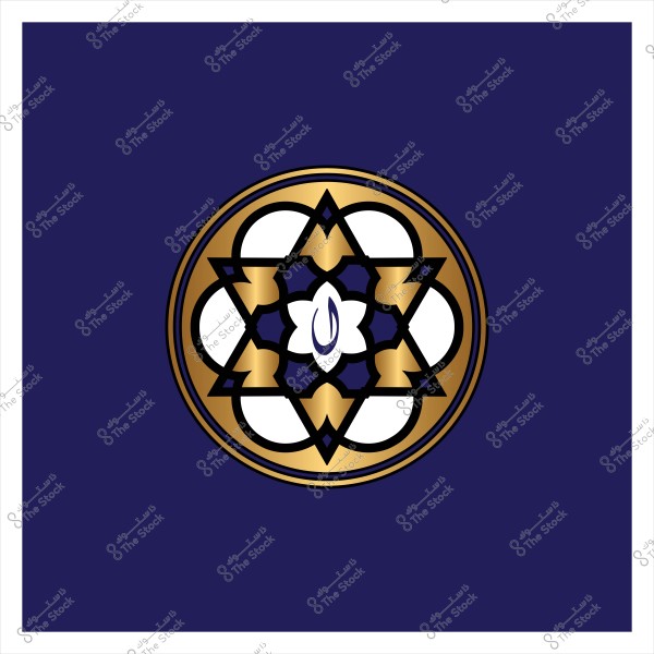 تصميم هندسي ذو طابع إسلامي يحتوي على نمط نجمي يتكون من مزيج من الأشكال الهندسية باللون الذهبي والأزرق والأبيض, مع خلفية زرقاء داكنة. العنصر المركزي يبدو كزهرة مرسومة بأسلوب فني.

-