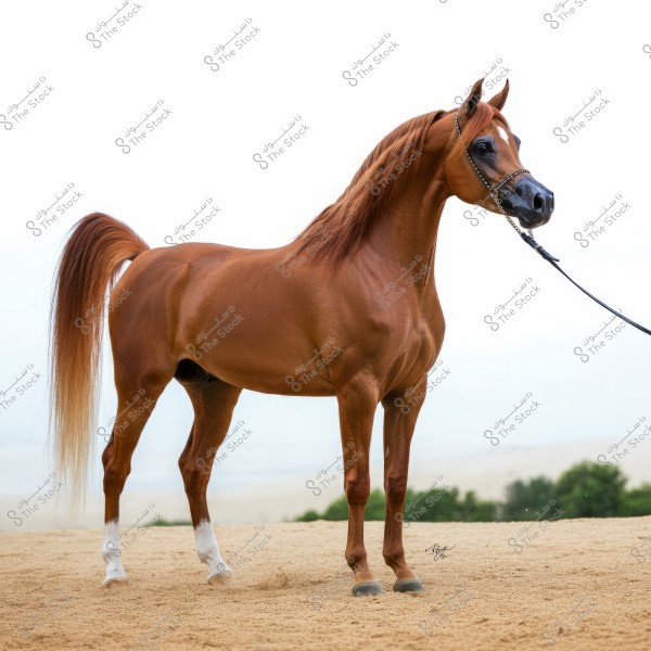 Image of a purebred Arabian horse with a shiny brown coat standing on sandy ground. The horse has an elegant appearance and prominent muscles, with a long flowing tail. It is held with an ornamental bridle and stands in a natural setting with some greenery and a faded sandy background.