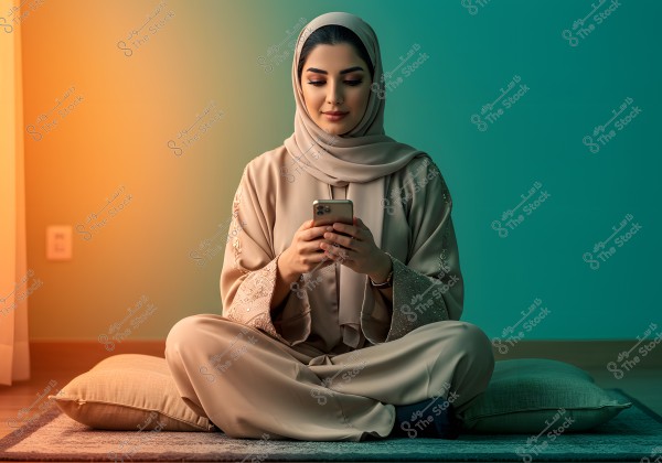 A photo of a woman wearing a beige hijab and an embellished abaya, sitting on a cushion on the floor in a room. She is holding and attentively looking at a smartphone. The room has warm lighting with walls painted in a calm green tone.