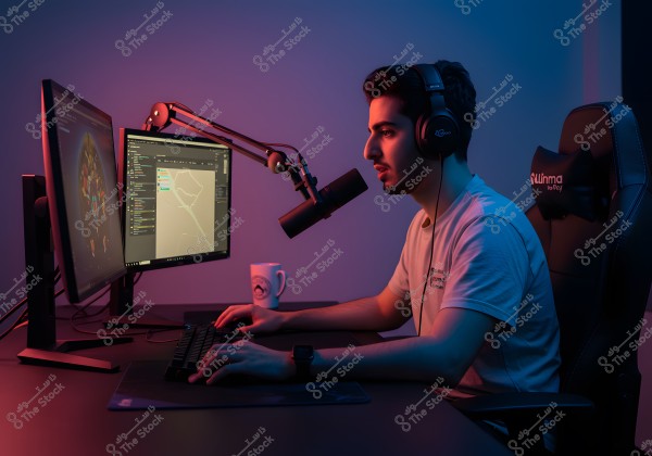 The image shows a person seated on an office chair in front of two computer monitors, using a keyboard and mouse. The individual is wearing headphones and using a large microphone. The surrounding ambiance is lit with purple and blue colors, suggesting a work or livestreaming environment.
