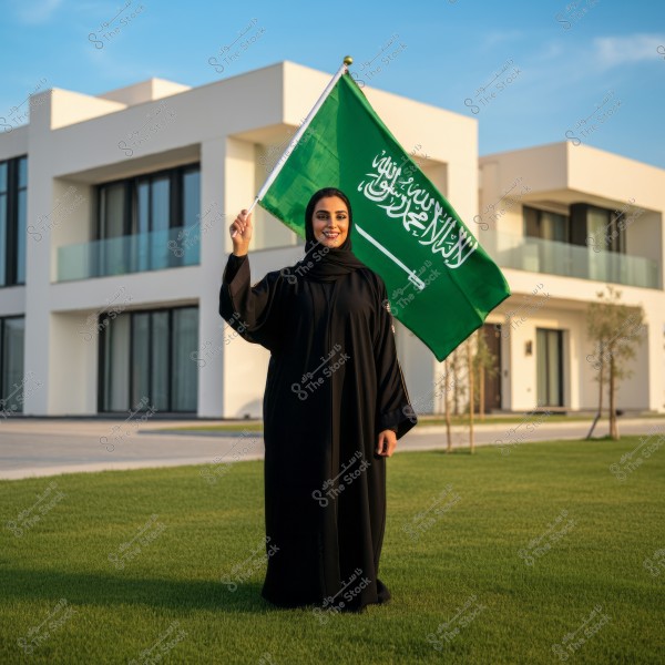 Image of a woman holding a green flag with Arabic script and a sword emblem, standing in front of a large, modern house. She is wearing a black abaya and hijab, radiating joy as she stands on green grass in a yard. The sky is clear, showcasing the contemporary white architecture behind her.