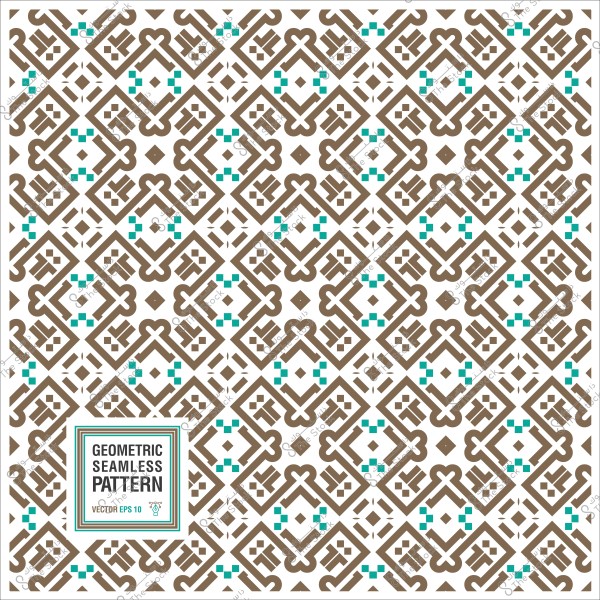 Seamless geometric pattern with brown and blue colors, featuring square and intersecting shapes.