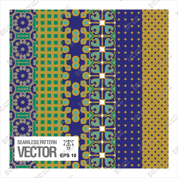 Diverse pattern with geometric designs inspired by Islamic art in blue, yellow, and purple colors.