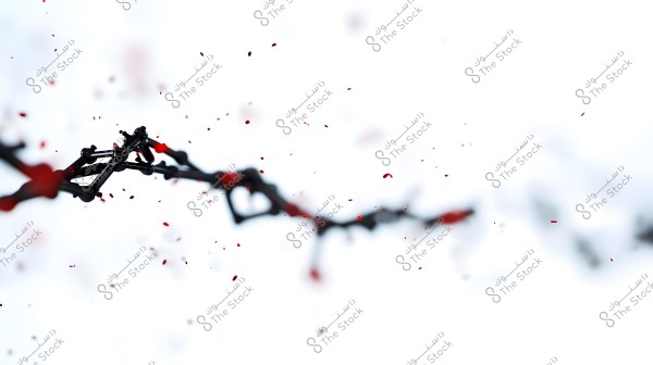 An artistic image depicting a 3D black chain with touches of red running diagonally across the center against a bright white background. Small scattered red droplets in the air add to the sense of movement and dynamism in the design.