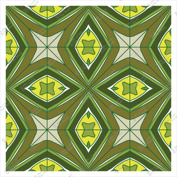 نقش هندسي بألوان خضراء وبنية يحتوي على أشكال نجوم وألماس متداخلة.