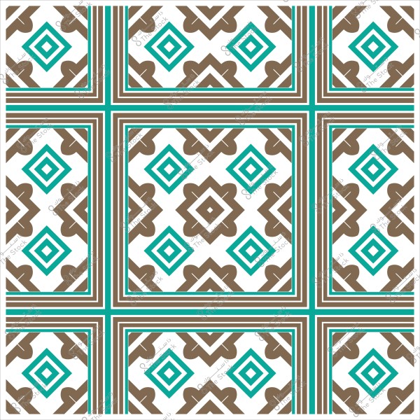 تصميم هندسي تقليدي يحتوي على مربعات بنية وبلون الفيروز مع أنماط متقاطعة.