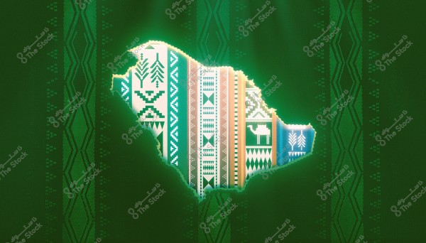 A map of Saudi Arabia designed on a green background. The map features multicolored geometric patterns including traditional Saudi motifs like palm trees and camels, highlighted with a white glow effect.
