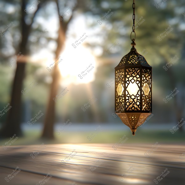 A hanging metal lantern with intricate Arabic designs emits a warm glow. The lantern is suspended in the air with a bright sunlight backdrop, and a beautifully lit wooden surface is in the foreground. The trees in the background appear blurred due to bokeh effect.