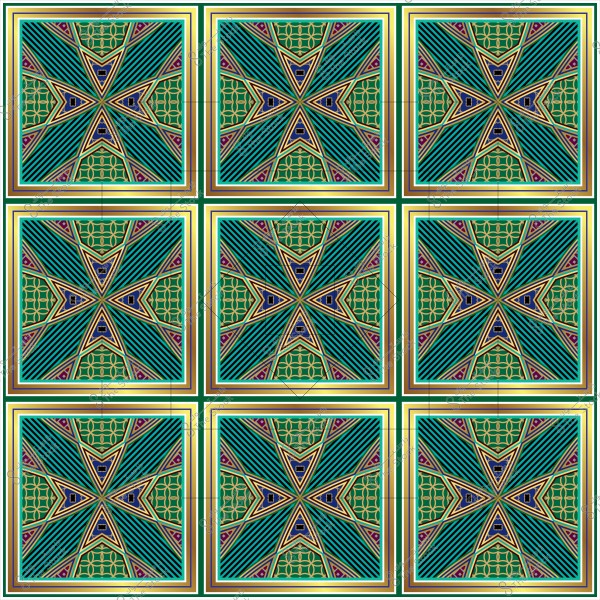 Decorative pattern featuring star and geometric designs in green, blue, and gold colors repeated in nine squares.