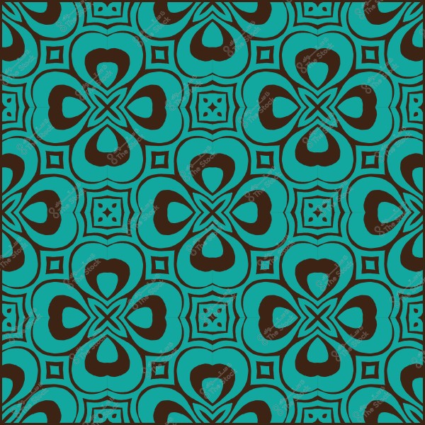 نمط هندسي مزخرف بأشكال زرقاء وسوداء متكررة, يتكون من تصميم يشبه الزهور والقلوب داخل مربعات.