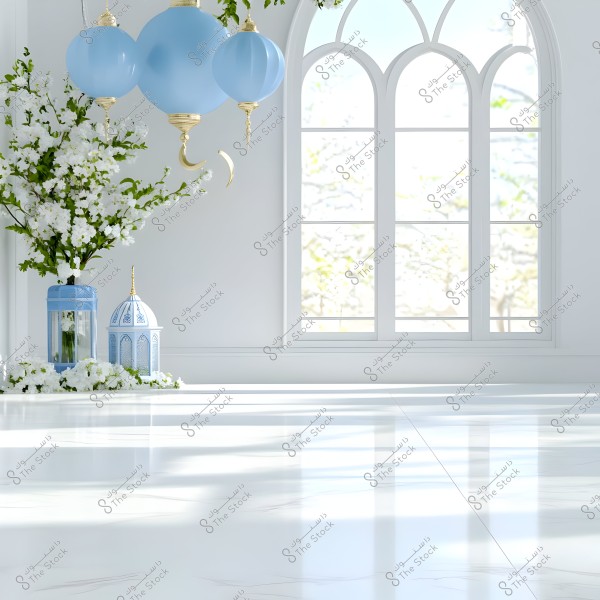 The image depicts a large arched window with white frames in a sunlit room. There are light blue hanging lanterns adorned with golden crescent-shaped elements. On the left side, there is a blue glass vase with an ornate dome-shaped lid, surrounded by attractive white flowers.