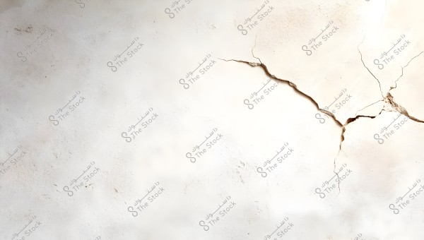 An image of an off-white wall with prominent cracks on the surface. The cracks are particularly visible on the right side of the image, with some parts protruding. The surface also features some minor dark spots.