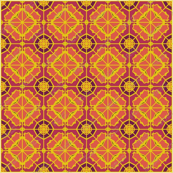 نمط هندسي مزخرف بألوان برتقالية وصفراء على خلفية حمراء.
