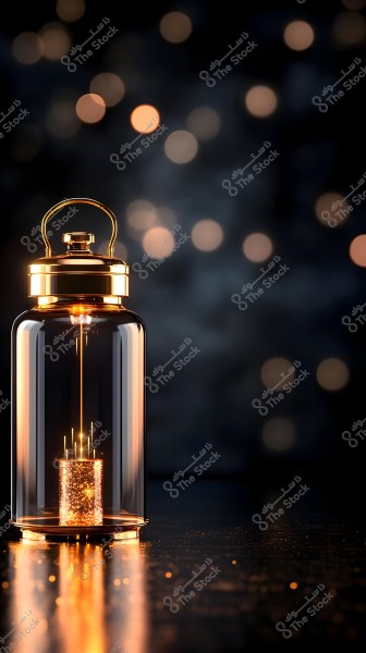 An image depicting a decorative lamp made of clear glass with a golden metallic cap. The lamp emits a warm light from a glittering cylinder at the base, spreading golden sparkles. The background is dark with blurred light spots enhancing the lamp\'s beauty.