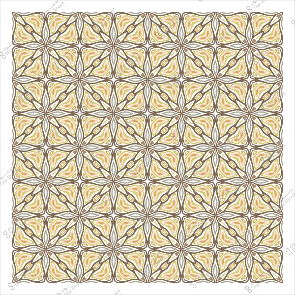 نمط زخرفي متماثل بأشكال هندسية متكررة بألوان بنية وبيج وبيضاء.