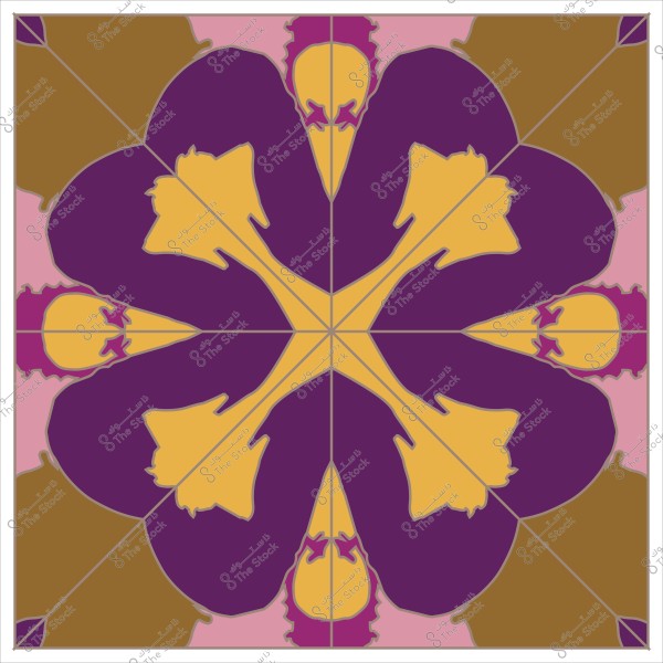 تصميم زخرفي على شكل زهرة بألوان بنفسجي, أصفر وبرتقالي متداخل في نمط متماثل.