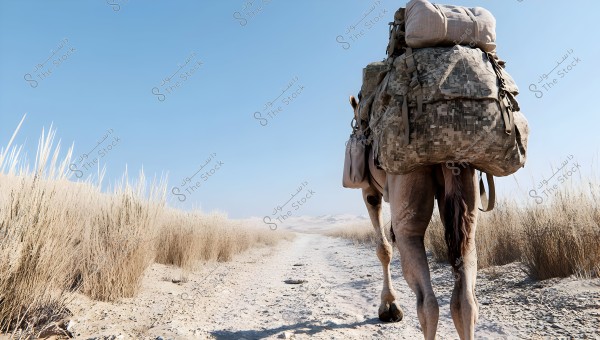 The image shows a camel walking along a desert path, loaded with large bags and boxes wrapped in a military-style cover. The desert is lined with tall, dry grass under a clear blue sky.