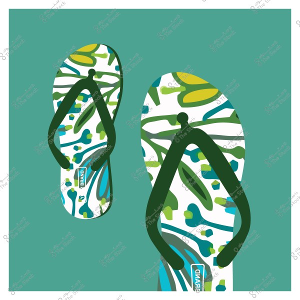 An image featuring a pair of colorful flip-flops. The flip-flops have dark green straps and soles decorated with botanical patterns in green, blue, and yellow colors on a white background. The word "BRAND" is visible on the bottom of the flip-flops, and the background is dark green.