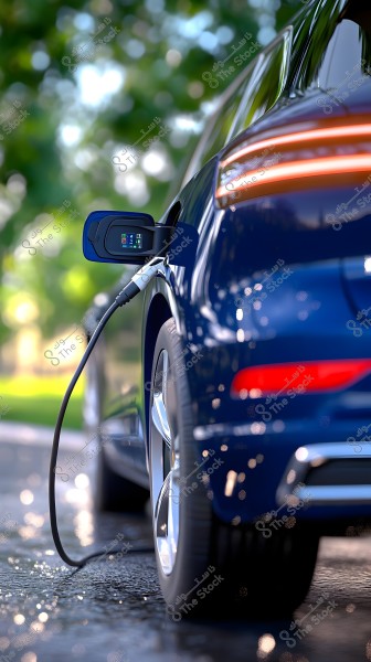 A blue electric car parked on the side of a road in a green environment, being charged with electricity. The cable is connected to the car, and the rear lights are clearly visible. The scene reflects a sense of clean energy and modern technology with sunlight reflections on the wet road surface.