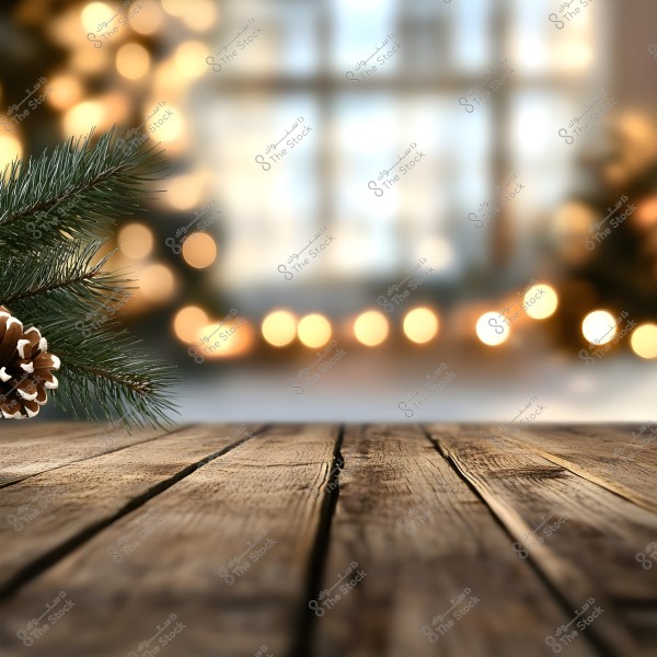 An image showing an old wooden table in the foreground, with pine tree branches and pine cones on the left. In the background, there are soft, colorful lights creating a mysterious and beautiful atmosphere, evoking a warm and festive feeling.