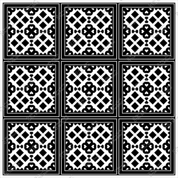 Black and white decorative pattern consisting of nine square tiles, each featuring an intricate geometric design with repeating shapes.