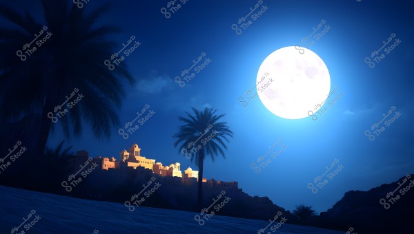 A nighttime scene featuring a bright full moon in a deep blue sky, with slight cloud shadows. In the foreground, there is an oasis with palm trees, and in the background, a cluster of buildings with traditional architecture is illuminated by the moonlight.