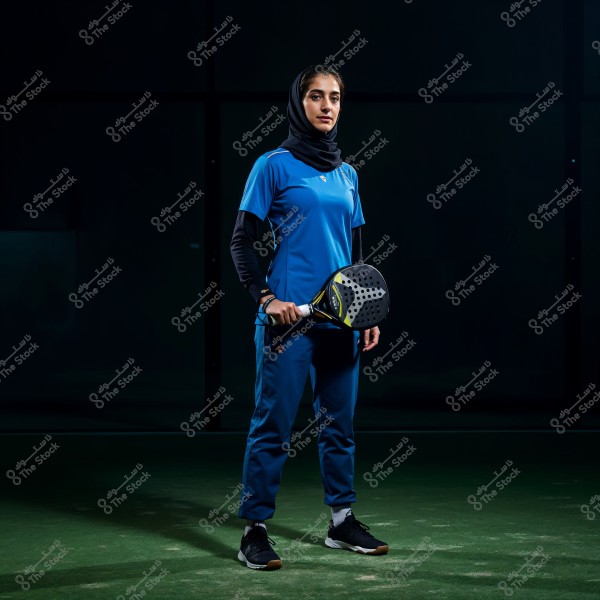 A woman wearing a blue sports outfit and a black headscarf stands on an indoor padel court holding a padel racket. The lighting is dim and the background is dark, highlighting the person in the foreground. The setting suggests a sporting activity, and the image could be from an Arab country given the headscarf.