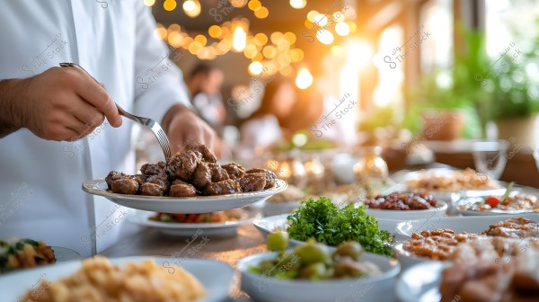 A person wearing a white jacket is holding a plate of grilled meat pieces, using a fork to serve the food. In the foreground, a table is filled with various dishes such as vegetables and appetizers. The lights in the background create a warm and cozy ambiance.