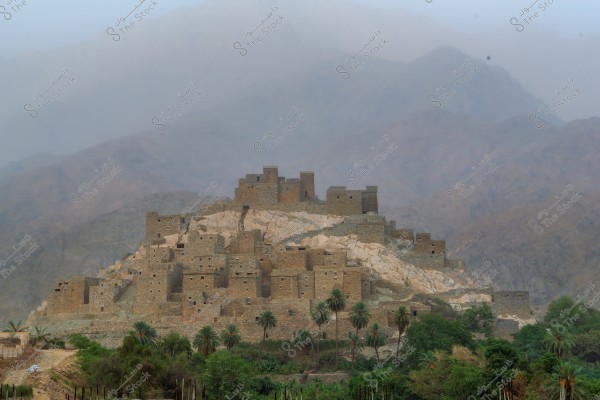 في منطقة الباحة تظهر في الصورة قلعة ذي عين في القديمة مكونة من العديد من المباني الحجرية مكدسة فوق تلة, تحيط بها أشجار النخيل والمساحات الخضراء. الجبال الضبابية تلوح في الأفق في الخلفية, مما يضفي جواً مهيباً على المنظر الطبيعي. القلعة توحي بتاريخ عريق ومن المحتمل أن تكون في منطقة جبلية في الشرق الأوسط.