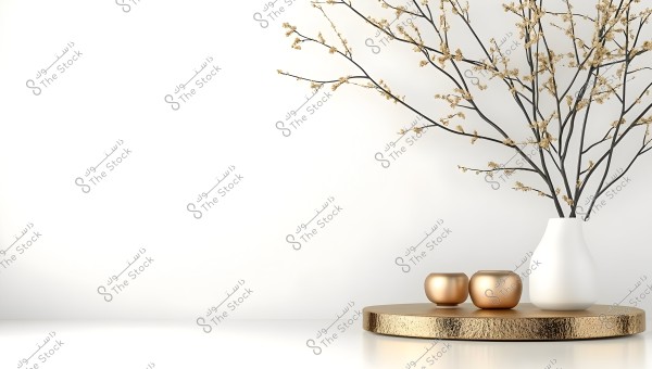 The image features a simple white vase with wild plant branches bearing subtle golden dried flowers. Beside the vase, there is a round platform with a wooden texture holding two small golden candle holders. The background is plain and white, adding a sense of calm and elegance.