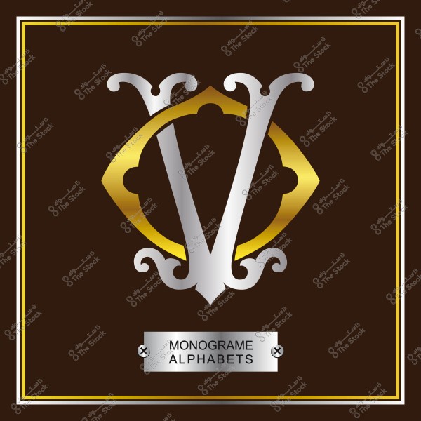 صورة لشعار ذو تصميم فني للحرف "V" باللونين الفضي والذهبي على خلفية بنية داكنة, محاط بإطار ذهبي وفضي.
