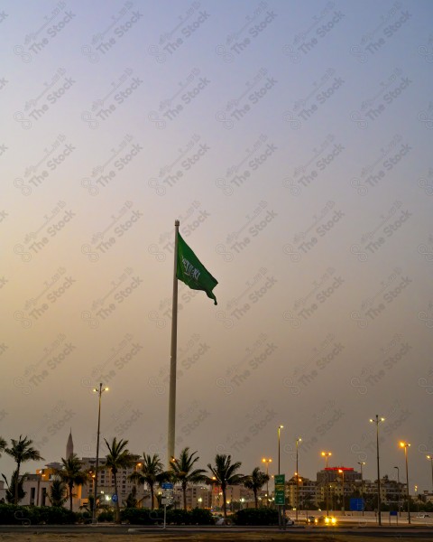 A snapshot of the tallest Saudi flagpole in the world flying in the Jeddah region, during the day, Saudi flag, Flag Day