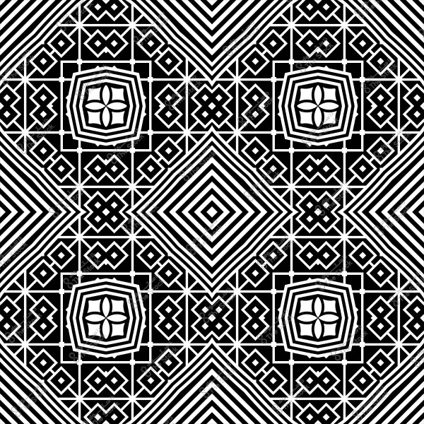 نقش هندسي أبيض وأسود يحتوي على أشكال متكررة من المربعات والدوائر.